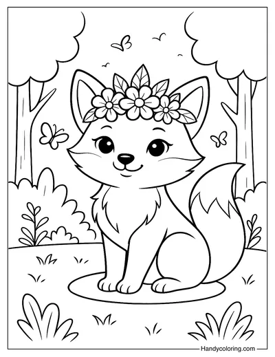 Magical Fox with Flower Crown Coloring Page