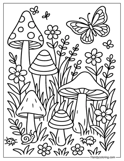 Magical Mushroom Garden Coloring Page