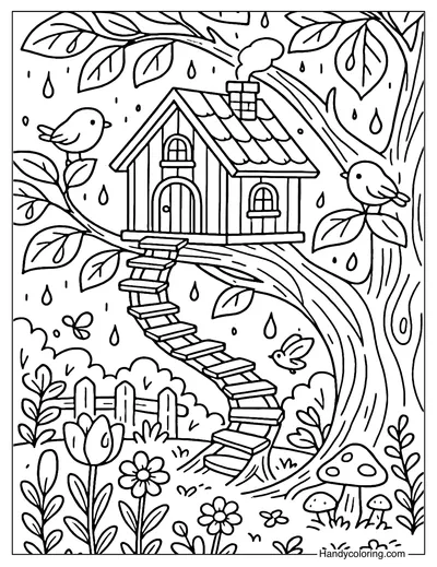 Magical Tree House in Rain Coloring Page