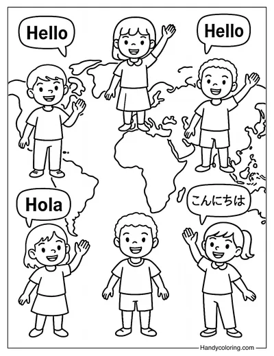 Map of Continents with Children Greeting Coloring Page