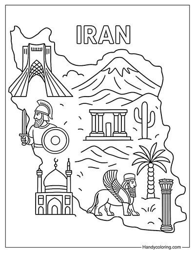 Map of Iran with Symbols Coloring Page