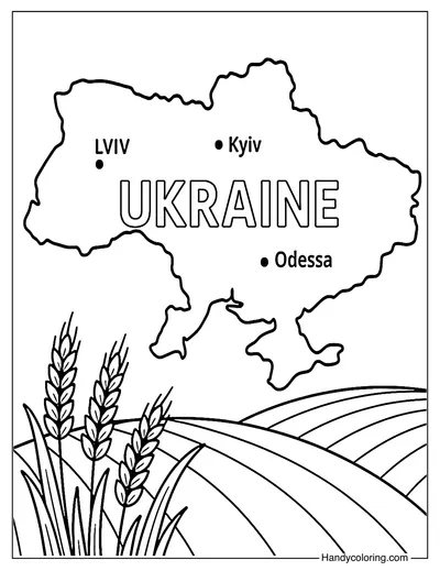 Map of Ukraine with Symbols Coloring Page