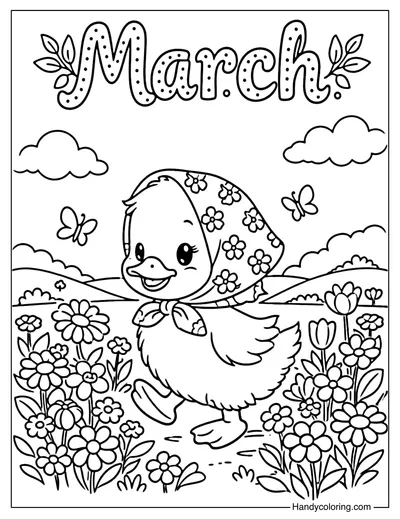 March Duck in Flower Field Coloring Page
