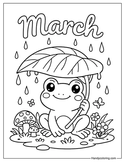 March Frog under Big Leaf Coloring Page