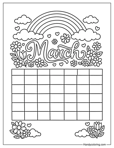 March Rainbow and Flowers Calendar Coloring Page