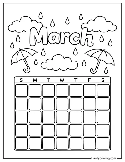 March Rainy Day Calendar Coloring Page