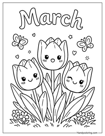 March with Cute Tulip Coloring Page