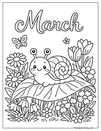 March with Snail and Flowers Coloring Page
