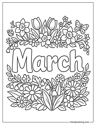 March with Spring Flowers Coloring Page