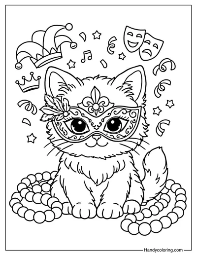 Mardi Gras Cat with Mask Coloring Page