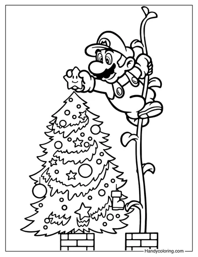 Mario Decorating Christmas Tree Coloring Page