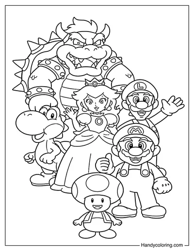 Mario, Luigi, Peach, Toad, Yoshi and Bowser