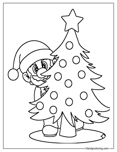 Mario with Christmas Tree Coloring Page