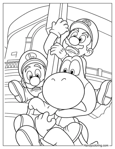 Mario with Luigi and Yoshi are Hugging a Pole