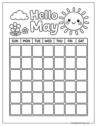 May Calendar with Sun, Flowers, and Clouds