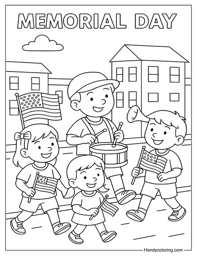 Memorial Day Parade with Kids Coloring Page