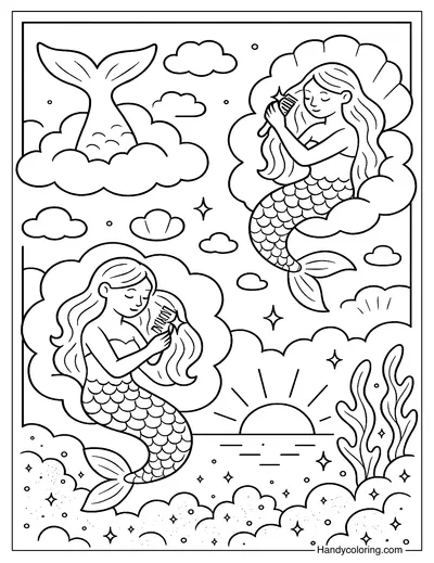 Mermaid Dreamy Clouds Coloring Page