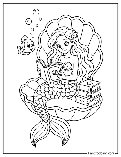 Mermaid Reading Book on Giant Clam Shell