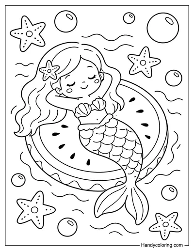 Mermaid Relaxing on Watermelon Float