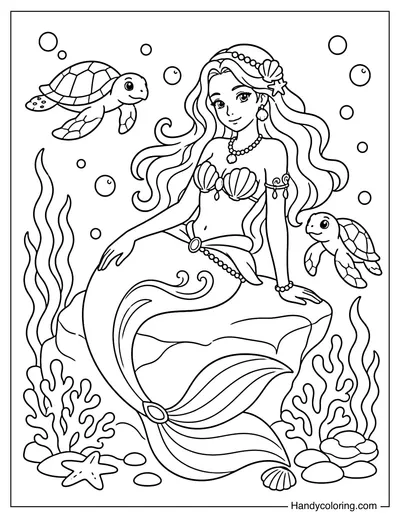 Mermaid Resting on a Rock with Sea Turtles
