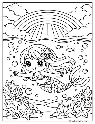 Mermaid Under Rainbow Sea Coloring Page