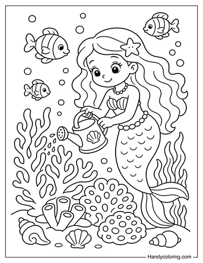 Mermaid Watering a Coral Garden