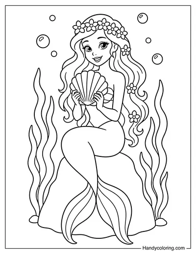 Mermaid with Flower Crown Holding a Large Seashell