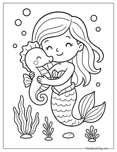 Mermaid with Seahorse Pet Coloring Page