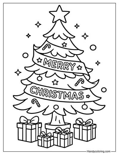 Merry Christmas Ribbon Tree Coloring Page