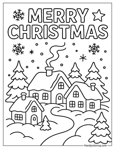 Merry Christmas Snowy Village Coloring Page
