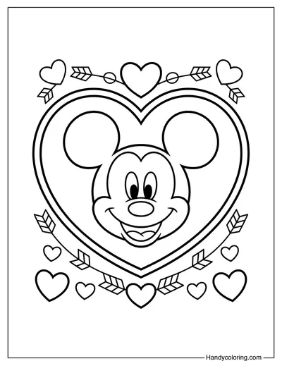 Mickey in Heart Frame Coloring Page