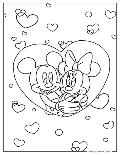 Mickey Mouse and Minnie in Heart Coloring Page