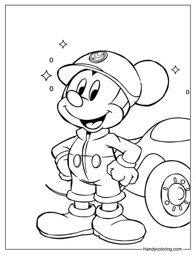 Mickey Mouse with Race Car Coloring Sheet Free