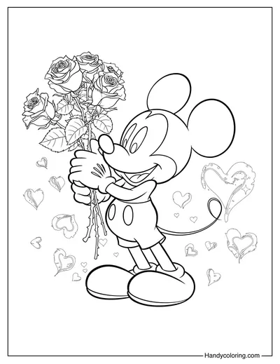 Mickey Mouse with Roses Coloring Page