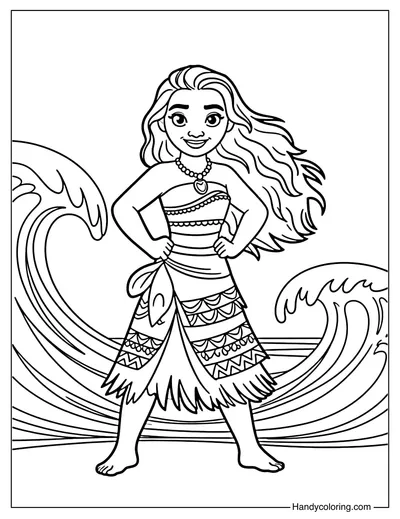 Moana Standing Next To Ocean Waves