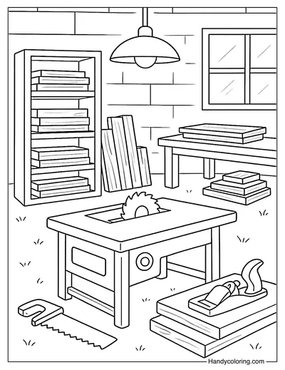 Modern Wood Workshop Scene Coloring Page