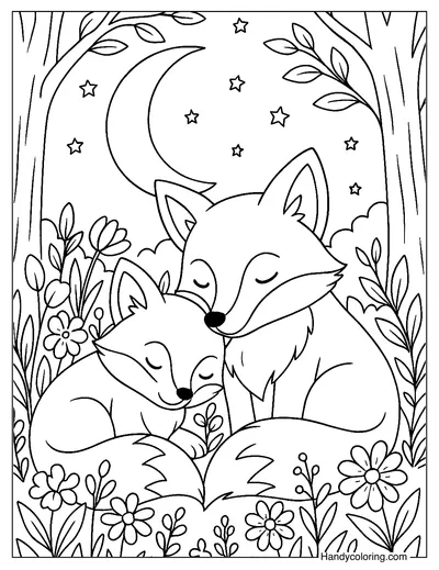 Mom and Baby Fox Coloring Page