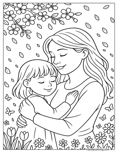 Mom and Daughter Hugging Coloring Page