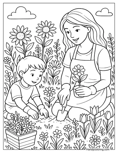 Mom and Son Gardening Coloring Page