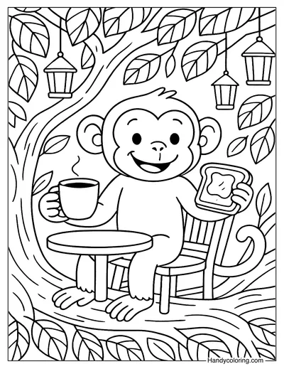 Monkey Eating Toast and Drinking Coffee Free Coloring