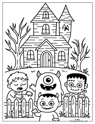 Monster Haunted House Coloring Page