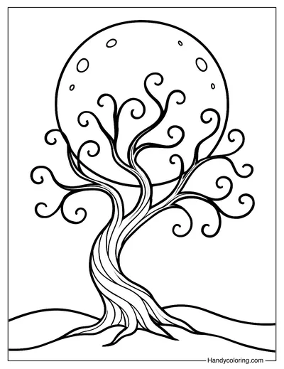 Moon and Ancient Tree Coloring Page