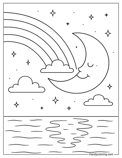 Moon and Night Rainbow Coloring Page
