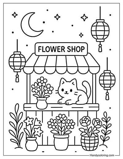 Moonlight Night Market Flower Shop Coloring Page