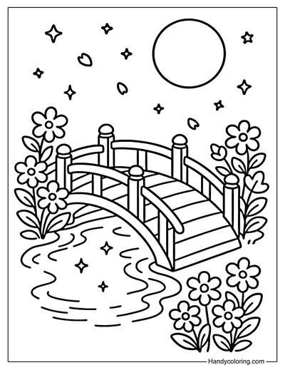 Moonlit Flower Bridge Coloring Page