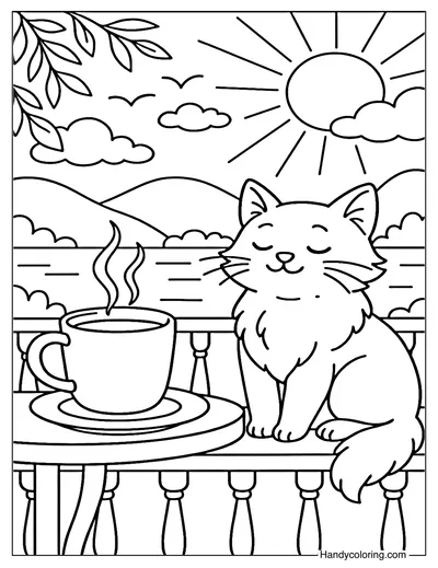 Morning Coffee and Cat Coloring Page