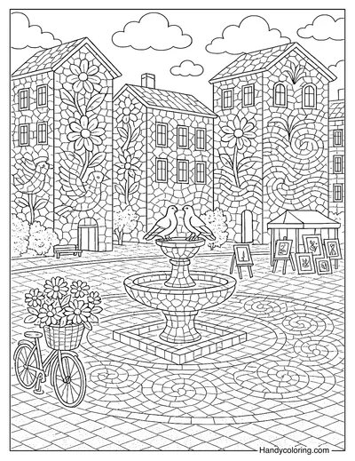 Mosaic Tile City Coloring Page for Adults