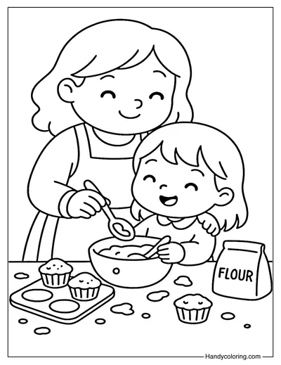 Mother and Child Baking Cupcakes Coloring Page