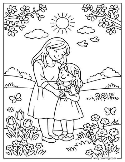Mother and Child in Spring Coloring Page