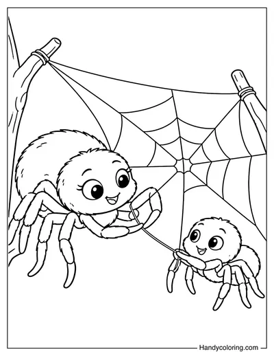 Mother Spider Teaching Baby Spider to Spin a Web